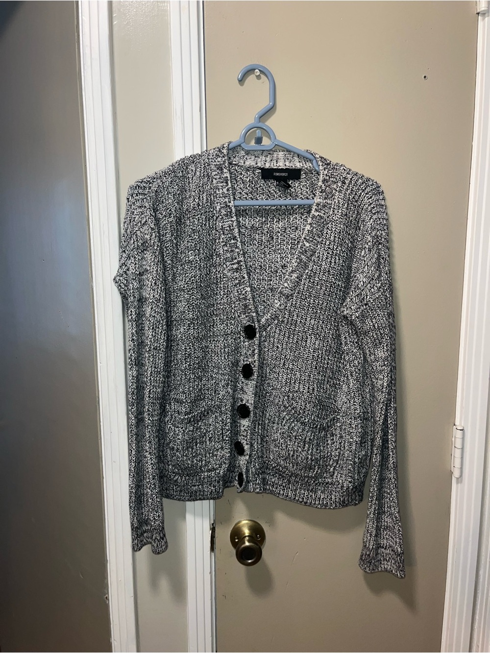 Forever 21 Black & White Marled V-Neck Button Cardigan